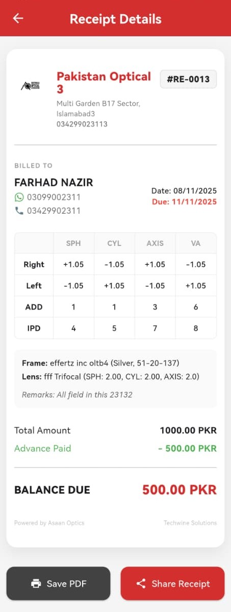 Mobile view of generating a digital prescription and glasses bill using the Asaan Optics application for opticians.