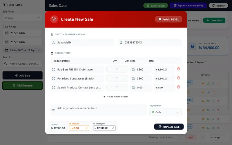 Asaan Optics optician POS on Windows: Create New Sale with a Ray-Ban RB5154 frame and polarised sunglasses, cash payment and Rs 12000 net payable