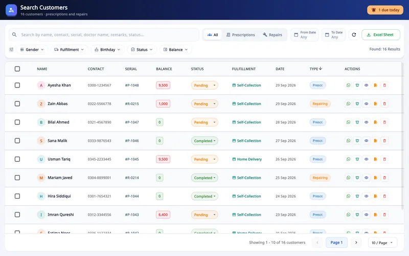 Asaan Optics desktop customer records: Search Customers with filters and a list of eyeglass and repair orders showing balance, status, pickup and WhatsApp