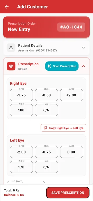 Asaan Optics mobile app: eyeglass prescription entry with Scan Prescription, right eye SPH -1.75 CYL -0.50 AXIS 180 ADD +2.00, left eye SPH -2.00 CYL -0.75 AXIS 170