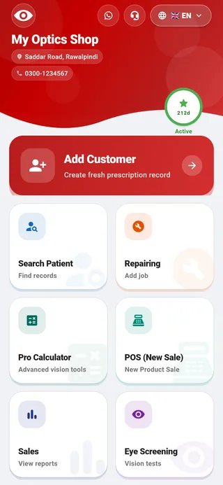 Asaan Optics Android app for optical shops: home screen with Add Customer, Search Patient, Repairing, Pro Calculator, POS (New Sale), Sales and Eye Screening