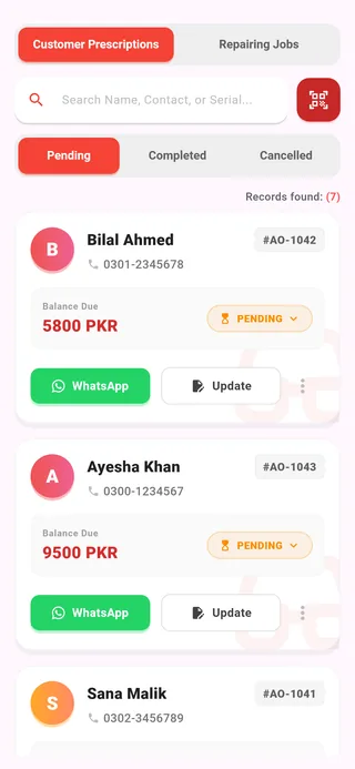 Asaan Optics patient search on Android: pending eyeglass orders for Bilal Ahmed and Ayesha Khan with balance due in PKR and one-tap WhatsApp buttons