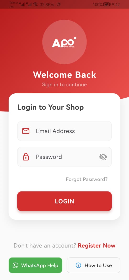 Secure login screen for the Asaan Optics mobile app